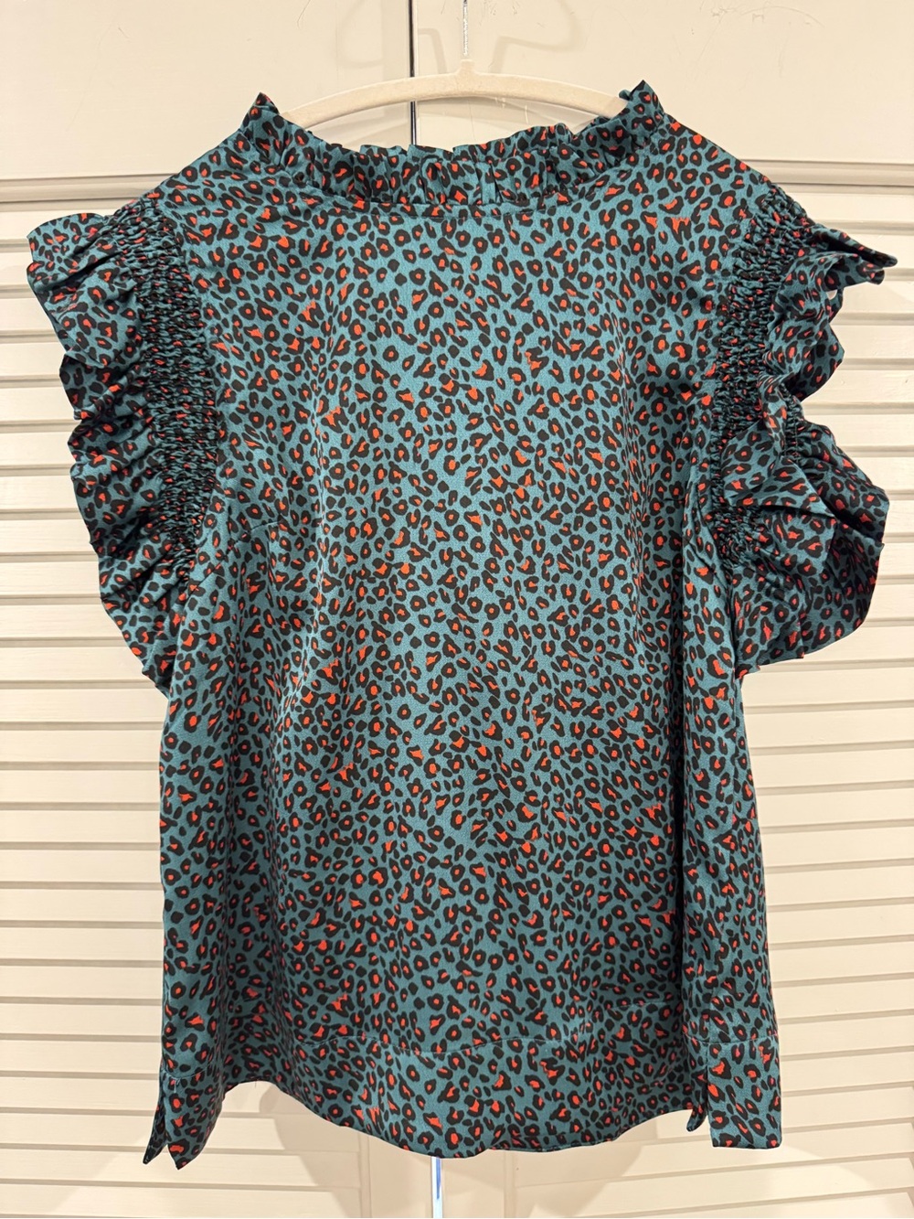 Ruffled Sleeve Leopard Print Women's Top in Teal and Coral